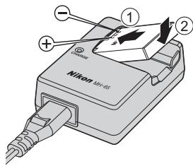 NIKON COOLPIX AW110 - Introduisez l'accumulateur fourni (accumulateur Li-ion Rechargeable EN-EL12) dans le chargeur d'accumulateur en le faisant glisser vers l'avant (①) et en appuyant jusqu'à ce qu'il se verrouille en émettant en déclic (②). - 1