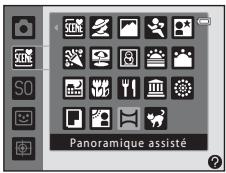 NIKON COOLPIX S6200, COOLPIX S6500 - Appuyez sur la commande en mode de prise de vue et utilisez le selecteur multidirectionnel pour selectionner le mode Scene (Panoramaique assisté) (39). - 2