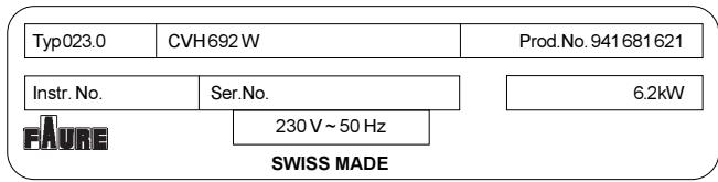 FAURE CVH692M - Plaquette signalétique - 2