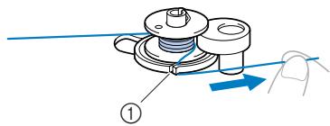 BROTHER INNOVIS 15 - Tirez le fil vers la droite, passez-le sous le crochet du guide-fil de bobinage de la canette, puis bobinez-le dans le sens inverse des aiguilles d'une montre entre les disques en le tirant aussi loin que possible. - 3