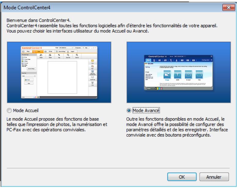 Mode ControlCenter4 Bienvenue dans ControlCenter4. ControlCenter4 rassemble toutes les fonctions logicielles afin d'étendre les fonctionnalités de votre appareil. Vous pouvez choisir les interfaces utilisateur du mode Accueil ou Avancé. Control Center 4 Le mode Accueil propose des fonctions de base telles que l'impression de photos, la numérisation et PC-Fax avec des opérations conviviales. Mode Accueil Le mode Accueil propose des fonctions de base telles que l'impression de photos, la numérisation et PC-Fax avec des opérations conviviales. Mode Avancé Outre les fonctions disponibles en mode Accueil, le mode Avancé offre la possibilité de configurer des paramètres détaillés et de les enregistrer. Interface conviviale avec des boutons préconfigurés. OK Annuler