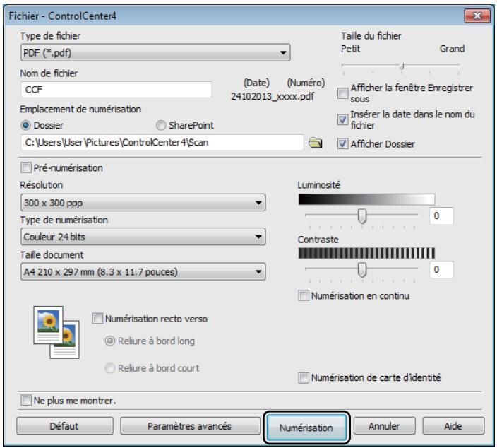 Fichier - ControlCenter4 Type de fichier PDF (*.pdf) Nom de fichier CCF (Date) (Numéro) 24102013_xxxx.pdf Emplacement de numérisation Dossier SharePoint C:\Users\User\Pictures\ControlCenter4\Scan Taille du fichier Petit Grand Afficher la fenêtre Enregistrer sous Insérer la date dans le nom du fichier Afficher Dossier Pré-numérisation Résolution 300 x 300 ppp Type de numérisation Couleur 24 bits Taille document A4 210 x 297 mm (8.3 x 11.7 pouces) Luminosité Contraste Numérisation en continu Numérisation recto verso Reliure à bord long Reliure à bord court Numérisation de carte d'identité Ne plus me montrer. Défaut Paramètres avancés Numérisation Annuler Aide