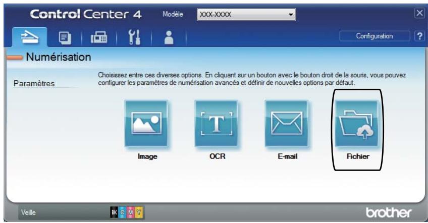Control Center 4 Modèle XXX-XXXX Configuration Numérisation Paramètres Choisissez entre ces diverses options. En cliquant sur un bouton avec le bouton droit de la souris, vous pouvez configurer les paramètres de numérisation avancés et définir de nouvelles options par défaut. Image OCR E-mail Fichier Veille B K G M Y brother