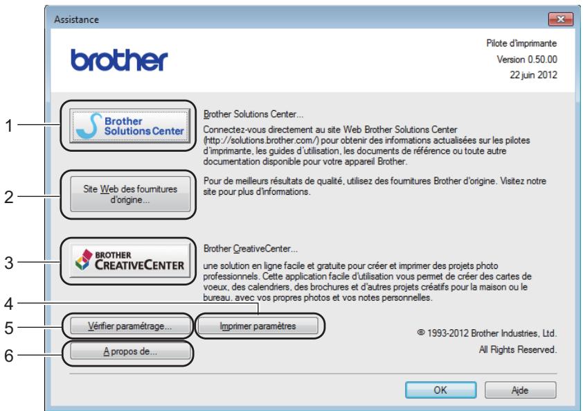 Assistance Pilote d'imprimante Version 0.50.00 22 juin 2012 brother Brother Solutions Center... Connectez-vous directement au site Web Brother Solutions Center (http://solutions.brother.com/) pour obtenir des informations actualisées sur les pilotes d'imprimante, les guides d'utilisation, les documents de référence ou toute autre documentation disponible pour votre appareil Brother. Site Web des fournitures d'origine... Pour de meilleurs résultats de qualité, utilisez des fournitures Brother d'origine. Visitez notre site pour plus d'informations. BROTHER CREATIVECENTER Brother CreativeCenter... une solution en ligne facile et gratuite pour créer et imprimer des projets photo professionnels. Cette application facile d'utilisation vous permet de créer des cartes de voeux, des calendriers, des brochures et d'autres projets créatifs pour la maison ou le bureau, avec vos propres photos et vos notes personnelles. Vérifier paramétrage... Imprimer paramètres A propos de... © 1993-2012 Brother Industries, Ltd. All Rights Reserved. OK Aide