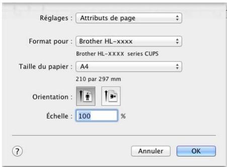 Réglages : Attributs de page Format pour : Brother HL-xxxx Brother HL-XXXX series CUPS Taille du papier : A4 210 par 297 mm Orientation : Échelle : 100 % Annuler OK
