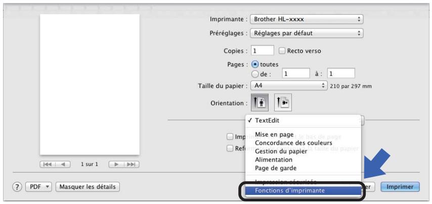 Imprimante : Brother HL-xxxx Préréglages : Réglages par défaut Copies : 1 Recto verso Pages : toutes de : 1 à : 1 Taille du papier : A4 210 par 297 mm Orientation : ✓ TextEdit Mise en page Concordance des couleurs Gestion du papier Alimentation Page de garde Imprimer d'imprimante Functions d'imprimante Imprimer 1 sur 1 ? PDF Masquer les détails