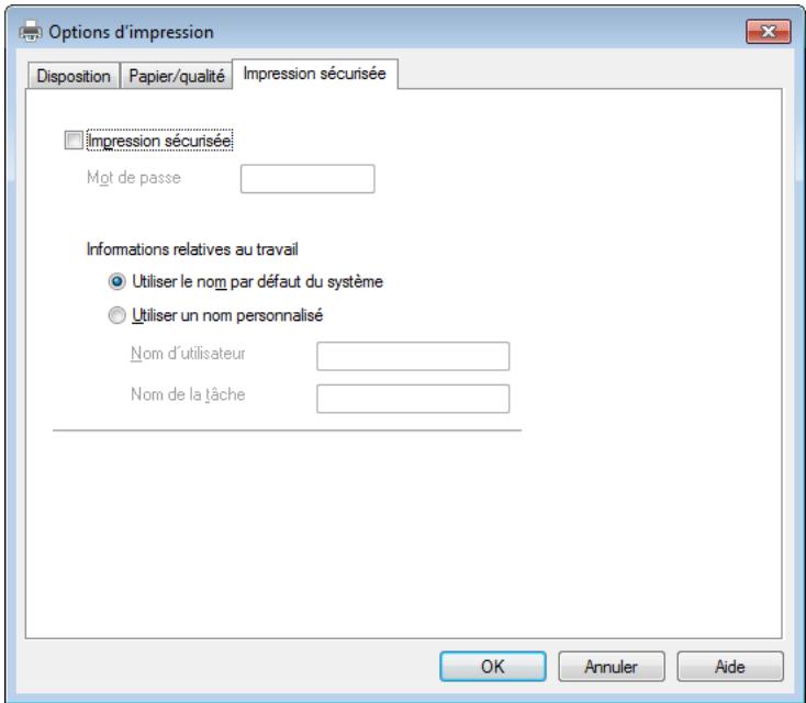 Options d'impression Disposition Papier/qualité Impression sécurisée Impression sécurisée Mot de passe Informations relatives au travail Utiliser le nom par défaut du système Utiliser un nom personnalisé Nom d'utilisateur Nom de la tâche OK Annuler Aide
