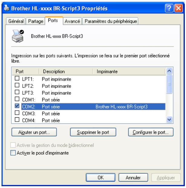 Brother HL-xxxx BR-Script3 Propriétés Général Partage Ports Avancé Paramètres du périphérique Brother HL-xxxx BR-Script3 Impression sur les ports suivants. L'impression se fera sur le premier port sélectionné libre. Port Description Imprimante LPT1: Port imprimante LPT2: Port imprimante LPT3: Port imprimante COM1: Port série COM2: Port série Brother HL-xxxx BR-Script3 COM3: Port série COM4: Port série Aiguter un port... Supprimer le port Configurer le port... Activer la gestion du mode bidirectionnel Activer le pool d'imprimante OK Annuler Appliquer