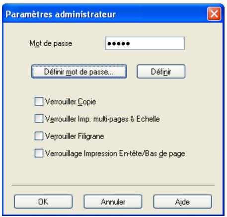 Paramètres administrateur Mot de passe Définir mot de passe... Définir Verrouiller Copie Verrouiller Imp. multi-pages & Echelle Verrouiller Filigrane Verrouillage Impression En-tête/Bas de page OK Annuler Ajde