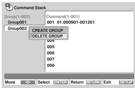 PIONEER DVD-V8000 - 1) Le curseur se trouvant sur le groupe que vous souhaitez effacer, appuyez sur la touche ENTER, puis sélectionnez [DELETE GROUP]. - 1