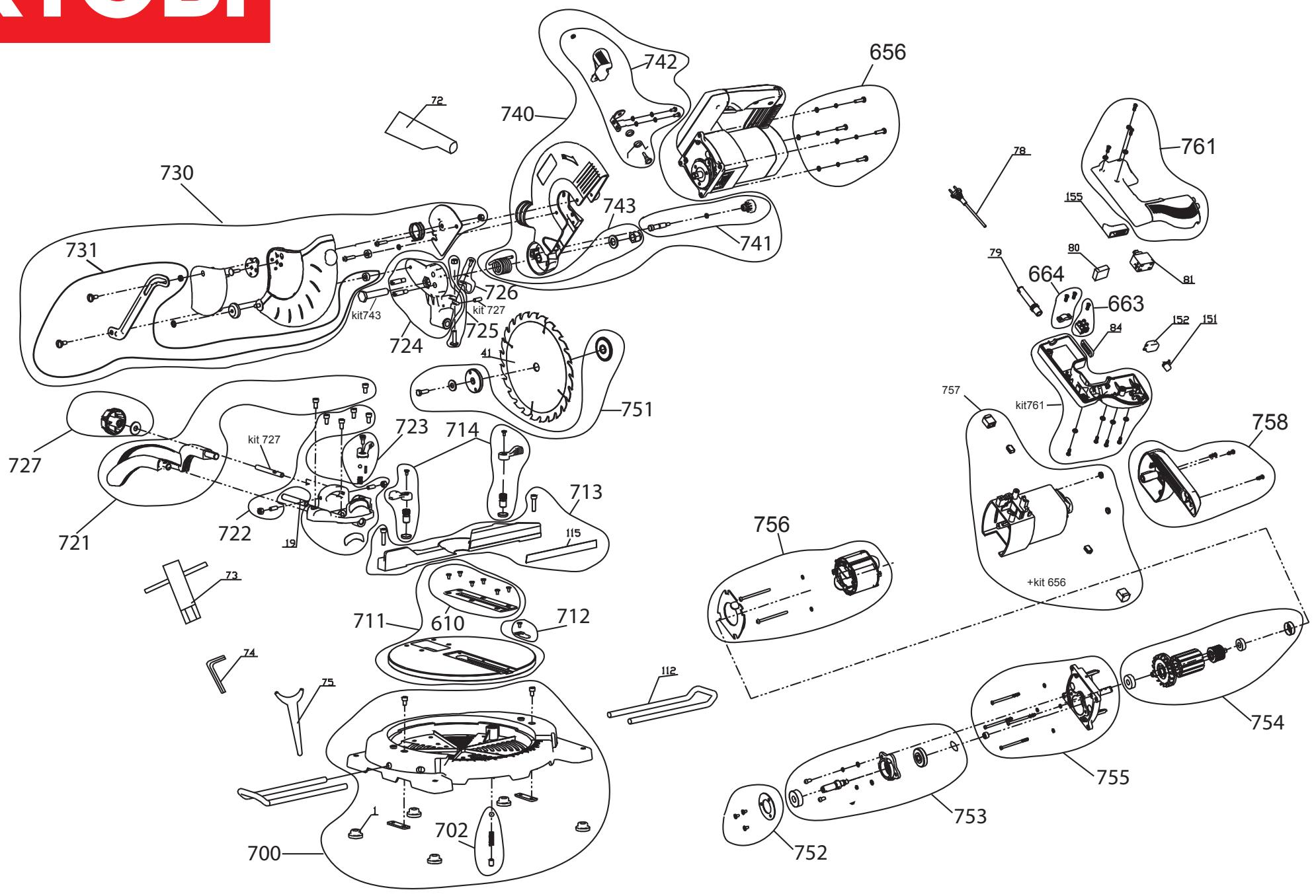 Exploded view diagram of a mechanical device with numbered components and labeled parts such as kit, kit761, and kit743.