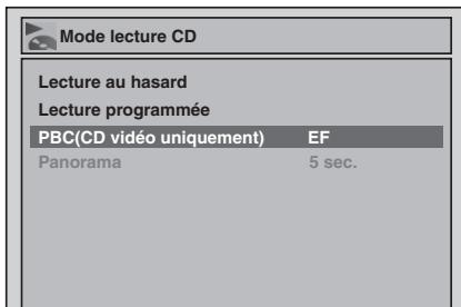 Mode lecture CD Lecture au hasard Lecture programmée PBC(CD vidéo uniquement) EF Panorama 5 sec.