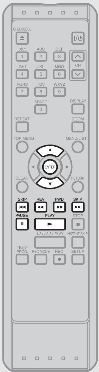 OPEN/CLOSE .@/: ABC DEF 1 2 3 GHI JKL MNO CH 4 5 6 PQRS TUV WXYZ 7 8 9 SPACE DISPLAY 0 REPEAT ZOOM TOP MENU MENU/LIST ENTER CLEAR RETURN SKIP REV FWD SKIP PAUSE PLAY STOP 1.3x / 0.8x PLAY INSTANT SKIP TIMER REC MODE REC SETUP PROG. REC MODE REC