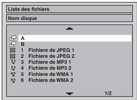 Liste des fichiers Nom disque A B 1 Fichiere de JPEG 1 2 Fichiere de JPEG 2 3 Fichiere de MP3 1 4 Fichiere de MP3 2 5 Fichiere de WMA 1 6 Fichiere de WMA 2 1/2