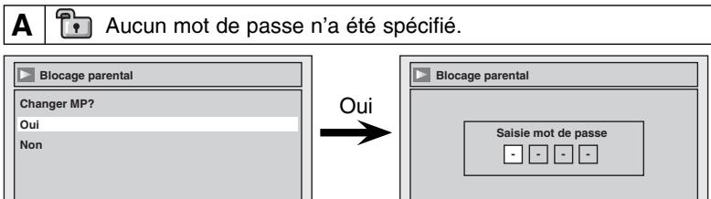 A Aucun mot de passe n'a été spécifié. Blocage parental Changer MP? Oui Non Oui Blocage parental Saisie mot de passe - - - - -