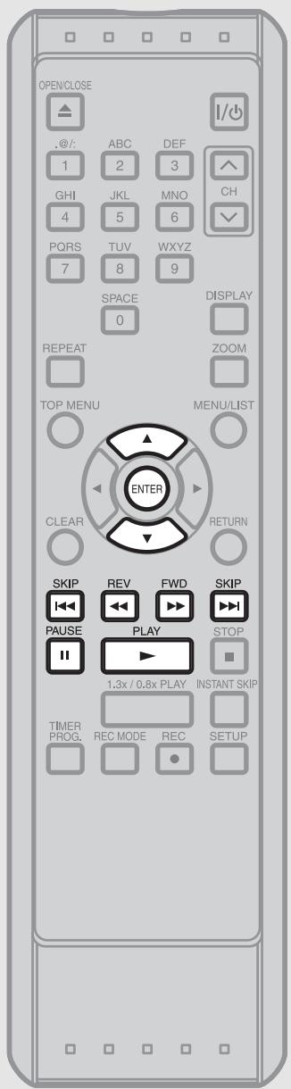 OPEN/CLOSE .@/: 1 ABC DEF 2 3 GHI JKL MNO CH 4 5 6 PQRS TUV WXYZ 7 8 9 SPACE DISPLAY 0 REPEAT ZOOM TOP MENU MENU/LIST ENTER CLEAR RETURN SKIP REV FWD SKIP PAUSE PLAY STOP 1.3x / 0.8x PLAY INSTANT SKIP TIMER REC MODE REC SETUP PROG. REC MODE REC
