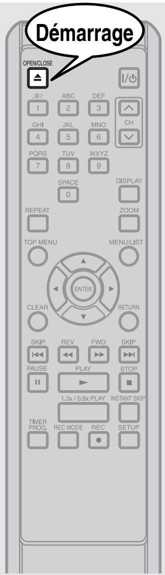 Démarrage OPENCLOSE .@/: ABC DEF 1 2 3 GHI JKL MNO CH 4 5 6 PQRS TUV WXYZ 7 8 9 SPACE DISPLAY 0 REPEAT ZOOM TOP MENU MENU/LIST ENTER CLEAR RETURN SKIP REV FWD SKIP PAUSE PLAY STOP 1.3x / 0.8x PLAY INSTANT SKIP TIMER REC MODE REC SETUP PROG.