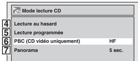 Mode lecture CD Lecture au hasard Lecture programmée PBC (CD vidéo uniquement) HF Panorama 5 sec.