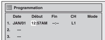 Programmation Date Début Fin CH Mode 1. JAN/01 12:57AM --:-- L1 2. --- 3. ---