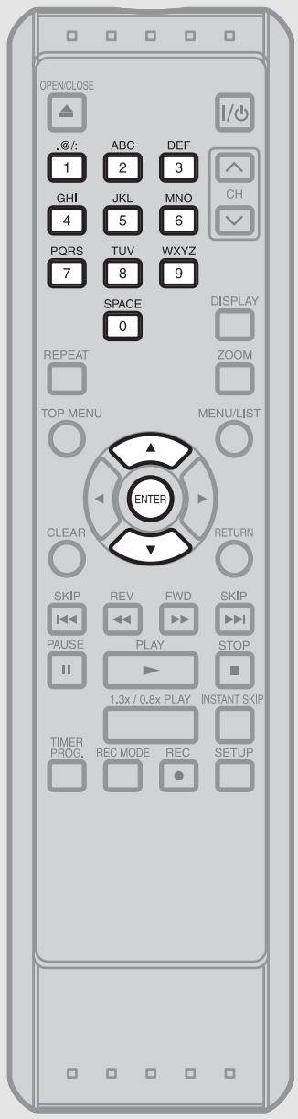 OPEN/CLOSE .@/: ABC DEF 1 2 3 GHI JKL MNO CH 4 5 6 PQRS TUV WXYZ 7 8 9 SPACE 0 DISPLAY REPEAT ZOOM TOP MENU MENU/LIST ENTER CLEAR RETURN SKIP REV FWD SKIP PAUSE PLAY STOP 1.3x / 0.8x PLAY INSTANT SKIP TIMER REC MODE REC SETUP PROG. REC MODE REC SETUP