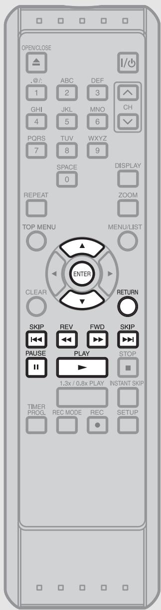 OPEN/CLOSE .@/: 1 ABC DEF 2 3 GHI JKL MNO CH 4 5 6 PQRS TUV WXYZ 7 8 9 SPACE DISPLAY 0 REPEAT ZOOM TOP MENU MENU/LIST ENTER CLEAR RETURN SKIP REV FWD SKIP PAUSE PLAY STOP 1.3x / 0.8x PLAY INSTANT SKIP TIMER PROC REC MODE REC SETUP