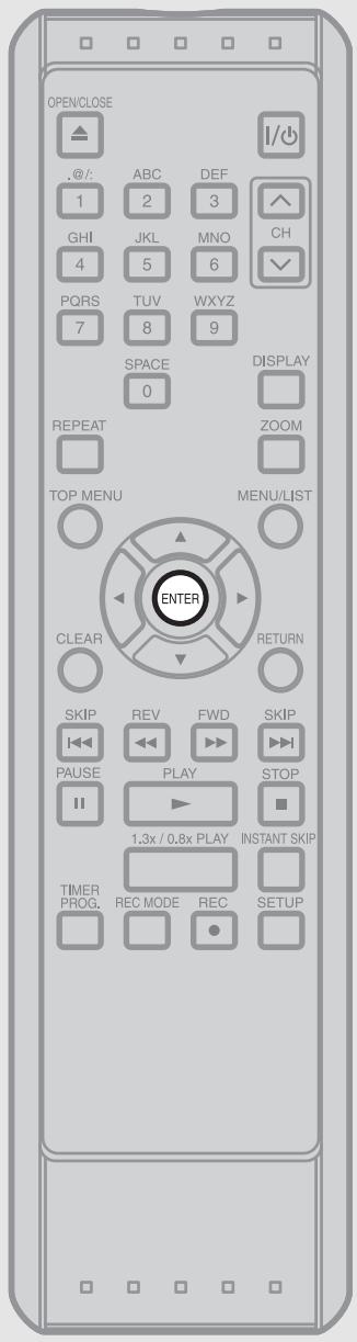 OPEN/CLOSE .@/: ABC DEF 1 2 3 GHI JKL MNO CH 4 5 6 PQRS TUV WXYZ 7 8 9 SPACE DISPLAY 0 REPEAT ZOOM TOP MENU MENU/LIST ENTER CLEAR RETURN SKIP REV FWD SKIP PAUSE PLAY STOP 1.3x / 0.8x PLAY INSTANT SKIP TIMER REC MODE REC SETUP PROG. REC MODE REC SETUP
