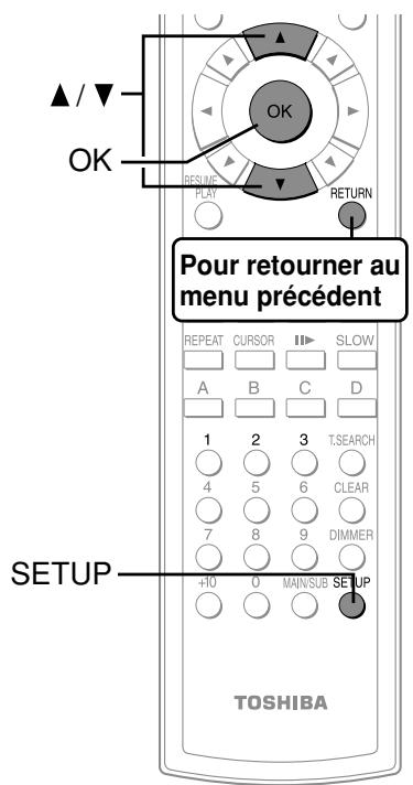 Pour retourner au menu précédent TOSHIBA SETUP ▲ / ▼ OK OK RETURN REVIEW PLAY 1 2 3 T.SEARCH 4 5 6 CLEAR 7 8 9 DIMMER +10 0 MAIN/SUB SETUP