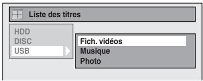 Liste des titres HDD DISC USB Fich. vidéos Musique Photo
