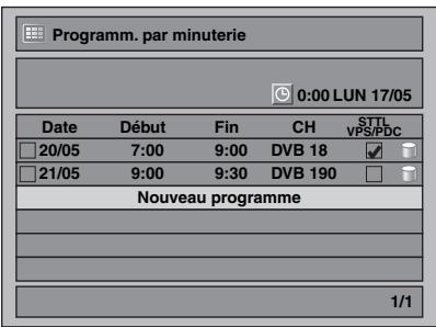 Programm. par minuterie 0:00 LUN 17/05 Date Début Fin CH STTL 20/05 7:00 9:00 DVB 18 ✓ 21/05 9:00 9:30 DVB 190 Nouveau programme 1/1