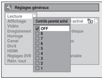 Réglages généraux Lecture Affichage Vidéo Enregistrement Horloge Canal DivX HDMI Réglages DVB Réin. tout Contrôle parental activé OFF 8 7 6 5 4 3 2 1