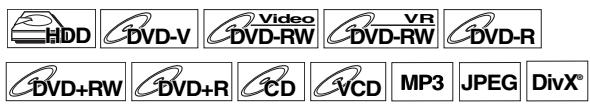 HDD DVD-V Video VR DVD-RW DVD-RW DVD-R DVD+RW DVD+R CD VCD MP3 JPEG DivX®