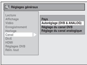 Réglages généraux Lecture Affichage Vidéo Enregistrement Horloge Canal DivX HDMI Réglages DVB Rérin. tout Pays Autoréglage (DVB & ANALOG) Réglage du canal DVB Réglage du canal analogique