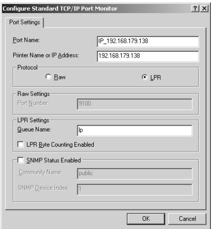 SHARP FO-DC500 - The "Configure Standard TCP/IP Port Monitor" window will appear. Select LPR for the protocol, and enter any name for the queue name. Click OK. - 1