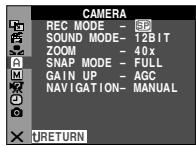 CAMERA REC MODE - 32 SOUND MODE- 12BIT ZOOM - 40x SNAP MODE - FULL GAIN UP - AGC NAVIGATION- MANUAL X URETURN