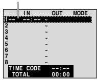 IN OUT MODE 1 2 3 4 5 6 7 8 TIME CODE --:-- TOTAL 00:00