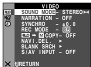 VIDEO SOUND MODE- STEREO NARRATION - OFF SYNCHRO - ±0.0 REC MODE - SP M COPY- NAVI.DEL. BLANK SRCH S/AV INPUT - OFF X URETURN