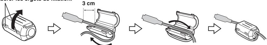 JVC GZ-MG460EF - Fixer le filtre à noyau de ferrite sur le câble USB et le cordon d'alimentation CC - 1