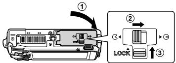 OLYMPUS TG-2 - Suivez les étapes ① , ② et ③ pour fermer le couvercle de la batterie/carte. - 1