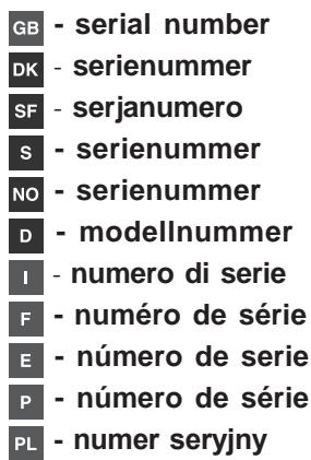 GB - serial number DK - serienummer SF - serjanumero S - serienummer NO - serienummer D - modellnummer I - numero di serie F - numéro de série E - número de serie P - número de série PL - numer seryjny