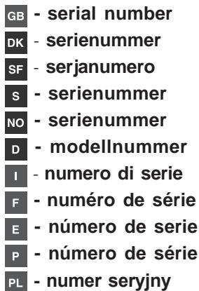 GB - serial number DK - serienummer SF - serjanumero S - serienummer NO - serienummer D - modellnummer I - numero di serie F - numéro de série E - número de serie P - número de série PL - numer seryjny