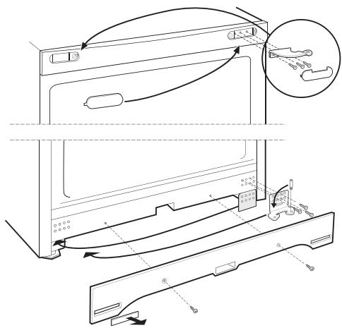 Technical diagram of a refrigerator with labeled parts and airflow indicators, including a magnified inset showing internal structure.