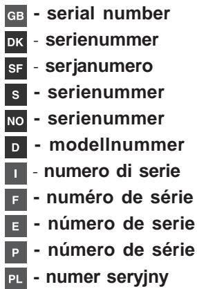 GB - serial number DK - serienummer SF - serjanumero S - serienummer NO - serienummer D - modellnummer I - numero di serie F - numéro de série E - número de serie P - número de série PL - numer seryjny