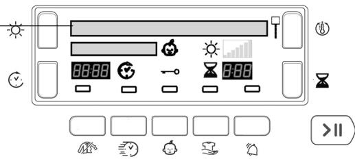 Weather and weather control interface with icons for sun, moon, calendar, clock, and directional indicators