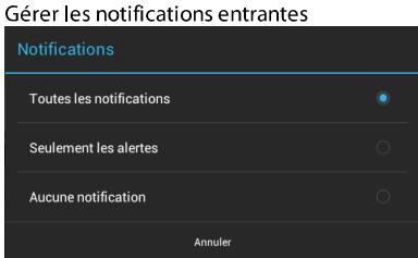 Gérer les notifications entrantes Notifications Toutes les notifications Seulement les alertes Aucune notification Annuler