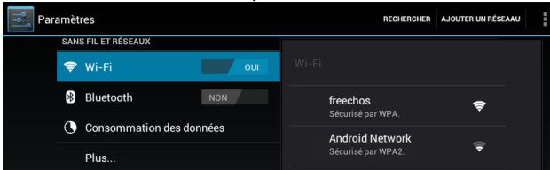 Paramètres SANS FIL ET RÉSEAUX Wi-Fi OUI Bluetooth NON Consommation des données Plus... Wi-Fi freechos Sécurisé par WPA. Android Network Sécurisé par WPA2.