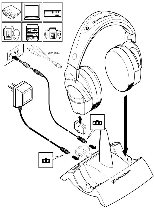 SENNHEISER RS 45 - INHALT UND ANSCHLUSSE / SYSTEM COMPONENTS AND CONNECTIONS / ELEMENTS DU SYSTEME ET RACCORDEMENT / INDICE E COLLEGAMENTO / CONTENIDO Y CONEXIONES / INHOUD EN AANSLUITING - 1