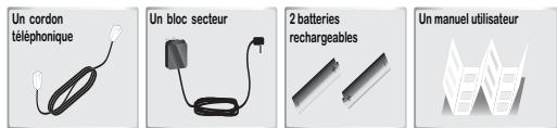 Un cordon téléphonique Un bloc secteur 2 batteries rechargeables Un manuel utilisateur