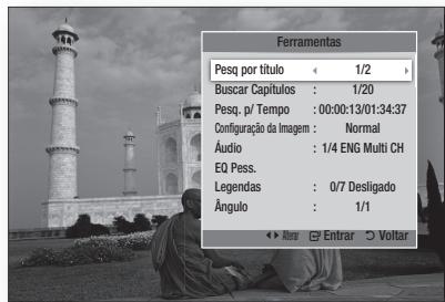 Ferramentas Pesq por título ← 1/2 > Buscar Capítulos : 1/20 Pesq. p/ Tempo : 00:00:13/01:34:37 Configuração da Imagem : Normal Áudio : 1/4 ENG Multi CH EQ Pess. Legendas : 0/7 Desligado Ângulo : 1/1 ◀ ▶ Enter ▷ Voltar