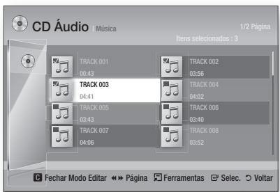 CD Áudio | Música 1/2 Página Items seleccionados : 3 TRACK 001 00:43 TRACK 002 03:56 TRACK 003 04:41 TRACK 004 04:02 TRACK 005 03:43 TRACK 006 03:40 TRACK 007 04:06 TRACK 008 03:52 C Fechar Modo Editor ↔ Página Ferramentas Selec. Voltar