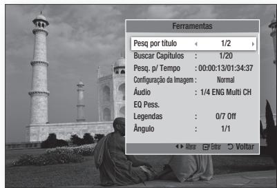 Ferramentas Pesq por título ← 1/2 > Buscar Capítulos : 1/20 Pesq. p/ Tempo : 00:00:13/01:34:37 Configuração da Imagem : Normal Áudio : 1/4 ENG Multi CH EQ Pess. Legendas : 0/7 Off Ângulo : 1/1 ◀◀ Alterar □ Enter □ Voltar